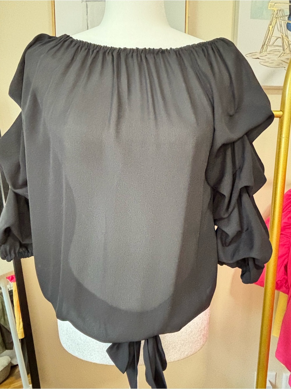 CeCe Black Off The Shoulder Ruffle Sleeve Blouse , tie on blouse size small